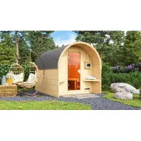 Karibu Saunahaus Außensauna Saunafass Fasshaus 2 unbehandelt Ofen 9 KW externe Strg easy 38mm Massivholz 225x277x230 cm