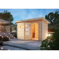 Karibu Saunahaus Außensauna Gartensauna Skrollan 1 unbehandelt ohne Zubehör 38mm Massivholz 336x196x228 cm mit Moderne Tür