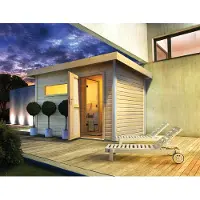 Karibu Saunahaus Außensauna Gartensauna Skrollan 1 unbehandelt ohne Zubehör 38mm Massivholz 336x196x228 cm mit Milchglas Tür