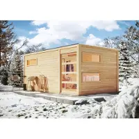 Karibu , Holz Gartensauna / Saunahaus "Hygge", naturbelassen, 508 x 276 x 221 cm (B x T x H), mit Ofen 9 kW + Steuergerät Easy Bio mit Klarglastür