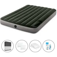 Intex Luftbett - 2 Personen - 137 x 191 x 25 cm - Grün - Mit eingebauter Fußpumpe + Spannbettlaken Schwarz + Kopfkissen + Molton 2 in 1 Kissenbezüge + Reperaturset