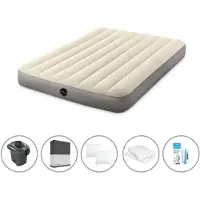 Intex Luftbett - 2 Personen - 137 x 191 x 25 cm - Beige + Elektropumpe - 650 Liter/Min + Spannbettlaken Schwarz + Kopfkissen + Molton 2 in 1 Kissenbezüge + Reperaturset