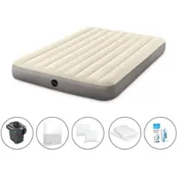 Intex Luftbett - 2 Personen - 152 x 203 x 25 cm - Beige + Elektropumpe - 650 Liter/Min + Spannbettlaken Weiß + Kopfkissen + Molton 2 in 1 Kissenbezüge + Reperaturset