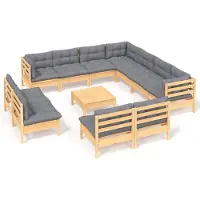vidaXL 12-tlg. Garten-Lounge-Set mit Grauen Kissen Massivholz Kiefer