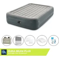 Intex Luftbett - 2 Personen - 152 x 203 x 46 cm - Grau - Mit eingebauter Pumpe, Spannbettlaken Anthrazit, Kopfkissen, Molton 2 in 1 Kissenbezüge en Reperaturset