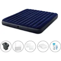 Intex Luftbett - 2 Personen - 183 x 203 x 25 cm - Blau + Elektropumpe - 650 Liter/Min + Spannbettlaken Weiß + Kopfkissen + Molton 2 in 1 Kissenbezüge + Reperaturset