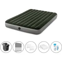 Intex Luftbett - 2 Personen - 152 x 203 x 25 cm - Grün - Mit Pumpe + Spannbettlaken Anthrazit + Kopfkissen + Molton 2 in 1 Kissenbezüge + Reperaturset