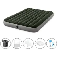 Intex Luftbett - 2 Personen - 152 x 203 x 25 cm - Grün - Mit Pumpe + Spannbettlaken Weiß + Kopfkissen + Molton 2 in 1 Kissenbezüge + Reperaturset