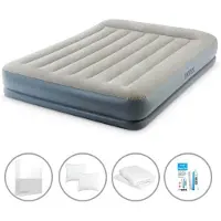 Intex Luftbett - 2 Personen - 152 x 203 x 30 cm - Grau - Mit eingebauter Pumpe + Spannbettlaken Weiß + Kopfkissen + Molton 2 in 1 Kissenbezüge + Reperaturset