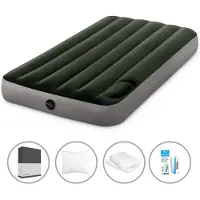 Intex Luftbett - 1 Person - 99 x 191 x 25 cm - Grün - Mit eingebauter Fußpumpe + Spannbettlaken Schwarz + Kopfkissen + Molton 2 in 1 Kissenbezüge + Reperaturset