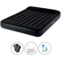 Intex Luftbett - 2 Personen - 183 x 203 x 25 cm - Schwarz + Elektropumpe - 650 Liter/Min + Spannbettlaken Weiß + Reperaturset