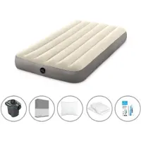 Intex Luftbett - 1 Person - 99 x 191 x 25 cm - Beige + Elektropumpe - 650 Liter/Min + Spannbettlaken Anthrazit + Kopfkissen + Molton 2 in 1 Kissenbezüge + Reperaturset