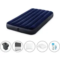 Intex Luftbett - 1 Person - 99 x 191 x 25 cm - Blau + Elektropumpe - 650 Liter/Min + Spannbettlaken Schwarz + Kopfkissen + Molton 2 in 1 Kissenbezüge + Reperaturset