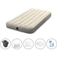 Intex Luftbett - 1 Person - 99 x 191 x 25 cm - Beige + Elektropumpe - 650 Liter/Min + Spannbettlaken Weiß + Kopfkissen + Molton 2 in 1 Kissenbezüge + Reperaturset