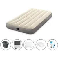 Intex Luftbett - 1 Person - 99 x 191 x 25 cm - Beige + Elektropumpe - 650 Liter/Min + Spannbettlaken Schwarz + Kopfkissen + Molton 2 in 1 Kissenbezüge + Reperaturset