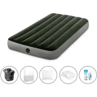 Intex Luftbett - 1 Person - 99 x 191 x 25 cm - Grün - Mit Pumpe + Spannbettlaken Weiß + Kopfkissen + Molton 2 in 1 Kissenbezüge + Reperaturset