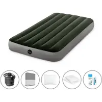 Intex Luftbett - 1 Person - 99 x 191 x 25 cm - Grün - Mit Pumpe + Spannbettlaken Anthrazit + Kopfkissen + Molton 2 in 1 Kissenbezüge + Reperaturset