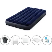 Intex Luftbett - 1 Person - 99 x 191 x 25 cm - Blau + Elektropumpe - 650 Liter/Min + Spannbettlaken Weiß + Kopfkissen + Molton 2 in 1 Kissenbezüge + Reperaturset