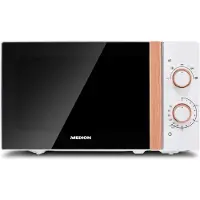 Medion Mikrowelle klein (Holzoptik, Freistehend, 20 Liter, 700 Watt, Verspiegelte Tür, 5 Leistungsstufen, Auftaufunktion, Zeitschaltuhr, MD10596) weiß