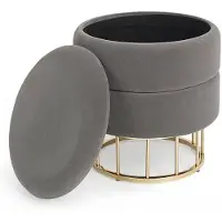 Bizzotto Hocker Pavlina in Samt-Optik, moderner Stil mit Stauraum, gepolstert, grau, goldfarbenes Gestell