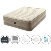 Intex Luftbett - 2 Personen - 152 x 203 x 46 cm - Beige - Mit eingebauter Pumpe + Spannbettlaken Anthrazit + Kopfkissen + Molton 2 in 1 Kissenbezüge + Reperaturset