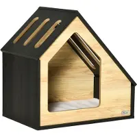 PawHut Hundehütte aus Holz mit Kissen weich Katzenhöhle mit schrägem Dach