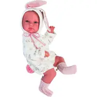 Llorens Hase, mit blauen Augen und Vinyl-Körper, Puppe inkl. Tragetasche und und süßem Schlafanzug mit Hasenöhrchen 35cm, 63548, Beige