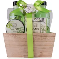 Accentra Badeset OLIVE in Holzbox, inkl. 270ml Duschgel, 270ml Schaumbad, 100ml Bodylotion, 60ml Körperpeelin