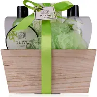 Accentra Badeset OLIVE in Holzbox, inkl. 150ml Duschgel, 150ml Bodylotion, 100g Badesalz, 60ml Körperpeeling