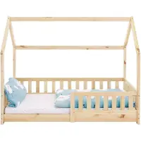 ECD-Germany Kinderbett 80x160 cm mit Rausfallschutz, Dach und Lattenrost, Natur, Hausbett aus massivem Kiefernholz, Bodenbett, Holzbett
