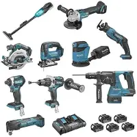 Makita DLX1011PTJ, Akku-Handkreissäge, Kabelloser Schlagbohrschrauber, Cordless grinder, Akku-Schlagschrauber,..., Schwarz, Blau, 115 Nm, 2100 RPM, 96 dB, 85 dB
