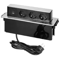 ORNO OR-GM-9014(GS)/B-G Möbelsteckdose, Einbau, Schiebeblende, 3 Schuko-Steckdosen, 2 x USB Quick Charge 3.0, 3680 W, Kabellänge 2 m, schwarz/grau