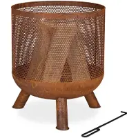 Relaxdays Feuerkorb, Mesh Design, Rostoptik, Feuerrost, Schürhaken, HxD: 53 x 44 cm, Garten Feuertonne, Stahl, braun