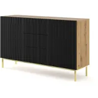 Homlando Kommode RAVENNA B 150 cm 2D3S rahmen ARTISAN EICHE / SCHWARZ MATT Sideboard MDF 2 Türen 3 Schubladen Highboard Schrank offene Regale Büfett mit gefräster fronten