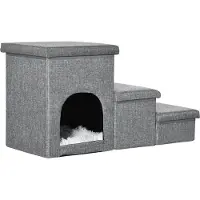 PawHut Huisdierentrap met huisdierbed, inclusief verborgen opbergruimte, 73,5 cm x 33 cm x 40,5 cm, lichtgrijs