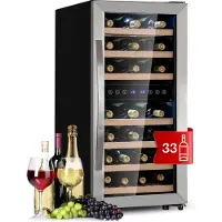Klarstein Weinkühlschrank Freistehend, Kleiner Getränkekühlschrank Schmal, 2 Zonen Weinkühlschrank mit Glastür, Indoor/Outdoor Beersafe, Kühlschrank Klein mit LED-Lichter, 5-18°C, 33 Flaschen