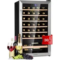 Klarstein Weinkühlschrank, Getränkekühlschrank Schmal, Kühlschrank mit Glastür, Getränkekühlschränke Freistehend, Weinkühlschrank Klein, Weinkühlschränke 1 Zone, LED-Beleuchtung, 4-18 °C, 36 Flaschen