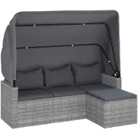 vidaXL 3-Sitzer-Gartensofa mit Dach und Fußhocker Grau Poly Rattan