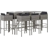 vidaXL 9-tlg. Gartenbar-Set mit Kissen Grau Poly Rattan