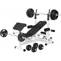 Gorilla Sports Multifunktion Hantelbank - mit Hantelset 100kg, Hantelablage, Latzug, Dip-Station, Butterfly, Curlpult, Beincurler, Verstellbar, Weiß - Kraftstation, Trainingsbank