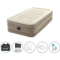 Intex Luftbett - 1 Person - 99 x 191 x 46 cm - Beige - Mit eingebauter Pumpe + Spannbettlaken Schwarz + Kopfkissen + Molton 2 in 1 Kissenbezüge + Reperaturset