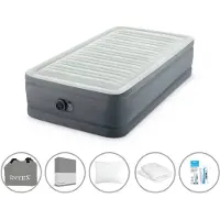 Intex Luftbett - 1 Person - 99 x 191 x 46 cm - Grau - Mit elektrischer Pumpe + Spannbettlaken Anthrazit + Kopfkissen + Molton 2 in 1 Kissenbezüge + Reperaturset