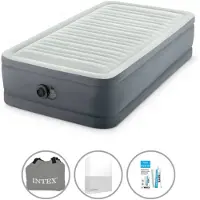 Intex Luftbett - 1 Person - 99 x 191 x 46 cm - Grau - Mit elektrischer Pumpe + Spannbettlaken Weiß + Reperaturset