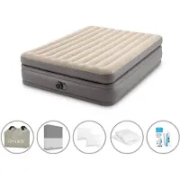 Intex Luftbett - 2 Personen - 152 x 203 x 51 cm - Grau - Mit eingebauter Pumpe + Spannbettlaken Anthrazit + Kopfkissen + Molton 2 in 1 Kissenbezüge + Reperaturset