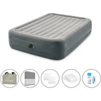 Intex Luftbett - 2 Personen - 152 x 203 x 46 cm - Grau - Mit eingebauter Pumpe + Spannbettlaken Anthrazit + Kopfkissen + Molton 2 in 1 Kissenbezüge + Reperaturset