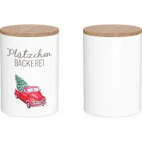 La-vida La Vida Vorratsdose Plätzchen Bäckerei Auto Tannenbaum Porzellan mit Bambusdeckel weiß braun rot 11x16cm