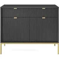 Selsey Vellore Sideboard Kommode 2-türig mit 2 Schubladen, Schwarz mit geriffelten Fronten und goldenen Metallbeinen, 104 cm