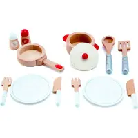 Hape Koch- & Servierset von Hape| 13-teiliges Kochset für Rollen- und Fantasiespiele mit Zubehör aus Holz