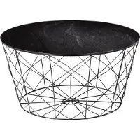SalesFever Couchtisch mit Metallkorb Ø 80 cm | Glasplatte foliert in Marmor-Optik | Gestell Metall | B 80 x T 80 x H 45 cm | schwarz