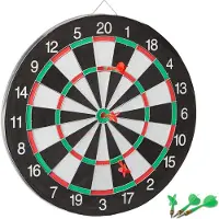 Relaxdays Dartscheibe Board X1 mit Pfeilen, 43 cm, 6 x Pfeile, zweiseitig, Steeldarts, Dartboard klassisch, schwarz-weiß